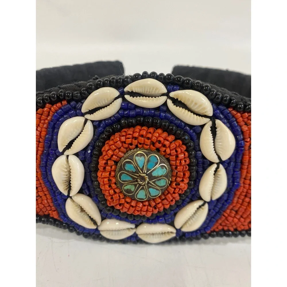 Tribal Beaded Festival Cowrie Shell Belt Orange Blue Bead Boho Medallion Tie